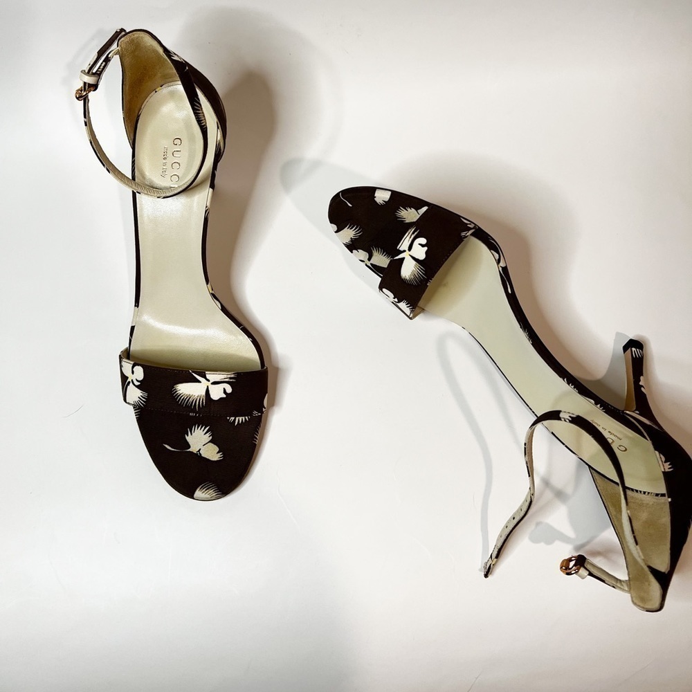 GUCCI Floral Printed Brown Ankle Stiletto Heels Sandals Size 7 - Picture 6 of 7